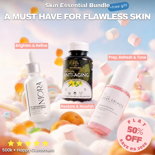 SKIN ESSENTIAL BUNDLE | Rose Cèleste Toner, Niora Serum, Anti-Aging Supplement