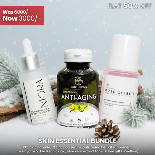 SKIN ESSENTIAL BUNDLE | Rose Cèleste Toner, Niora Serum, Anti-Aging Supplement